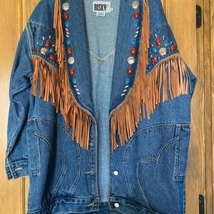 Women's Blue Western Style Denim Jacket with Fringe and Embellishments